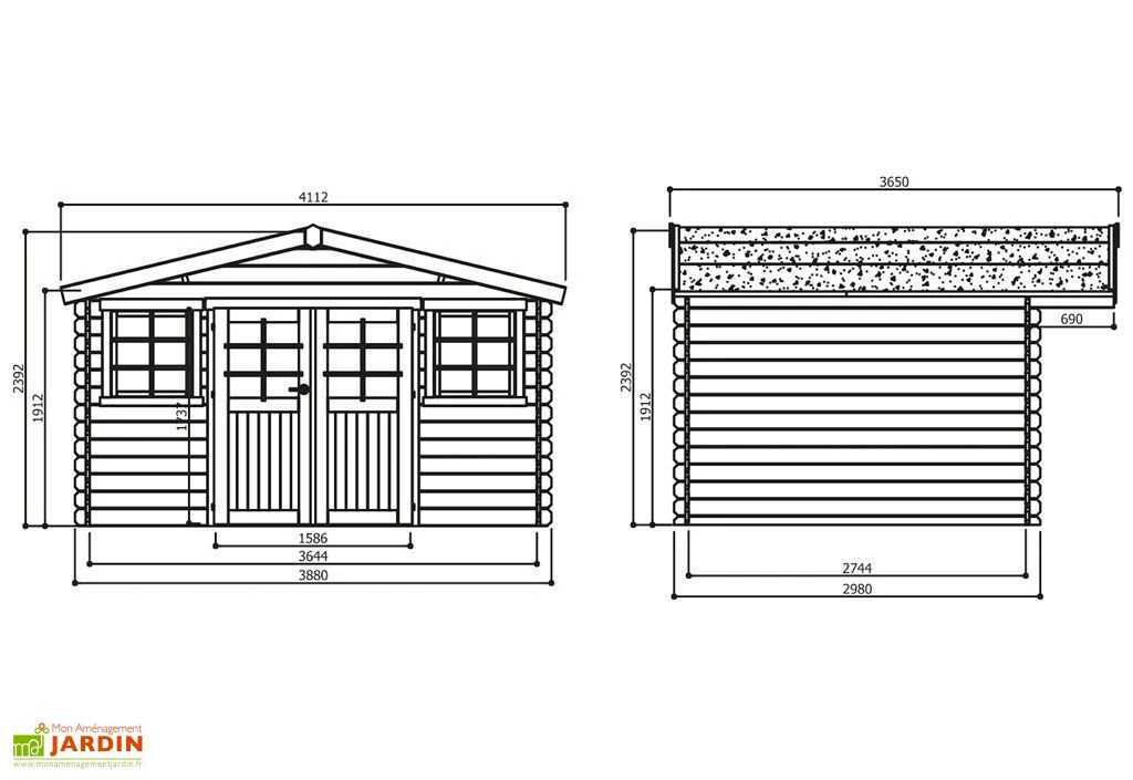 Abri de Jardin en Bois Dole 28 mm - 12 m² avec Toit à 2 Pans