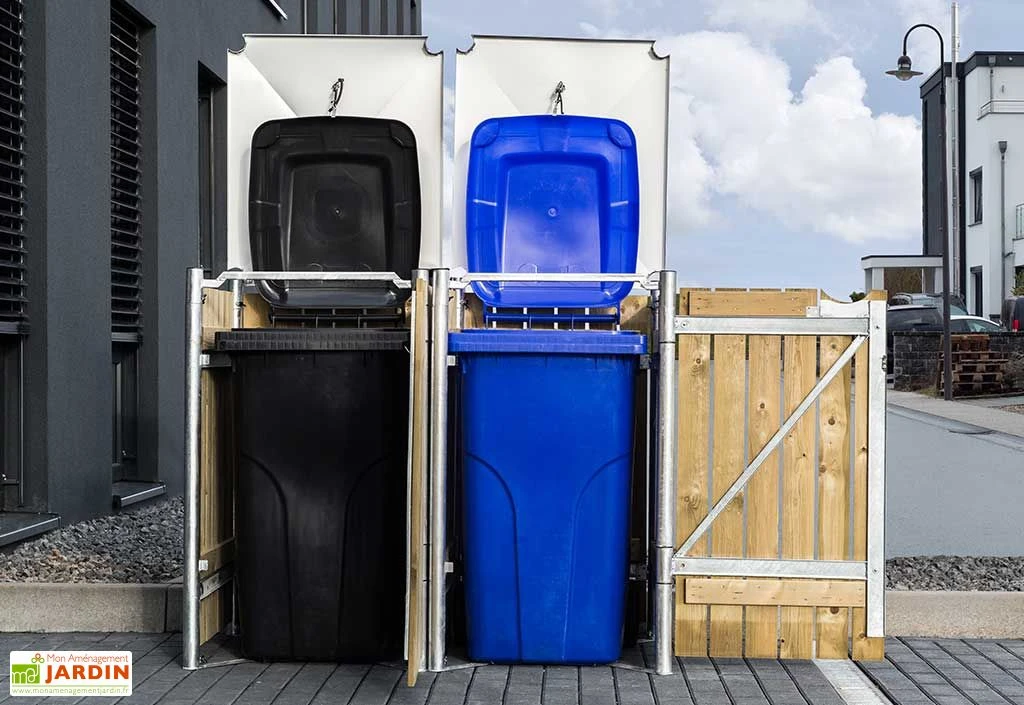 Cache-poubelle double en acier et bois de pin traité 120 x 63 x 115 cm