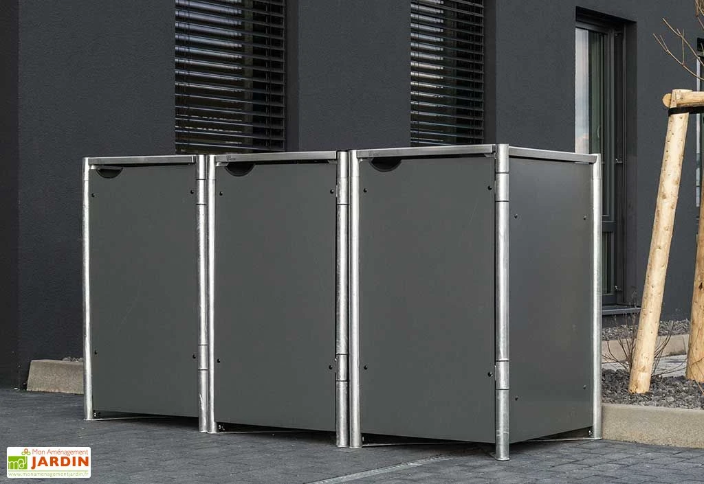Cache-poubelle triple en acier et composite aluminium 181 x 63 x 115 cm
