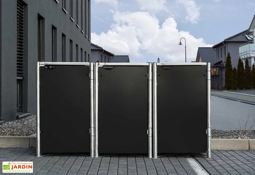 Cache-poubelle triple en acier et composite aluminium 181 x 63 x 115 cm