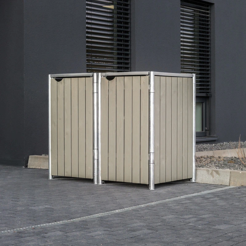 Cache-poubelle 2 compartiments Müllbox en bois traité gris 2x240L – HIDE