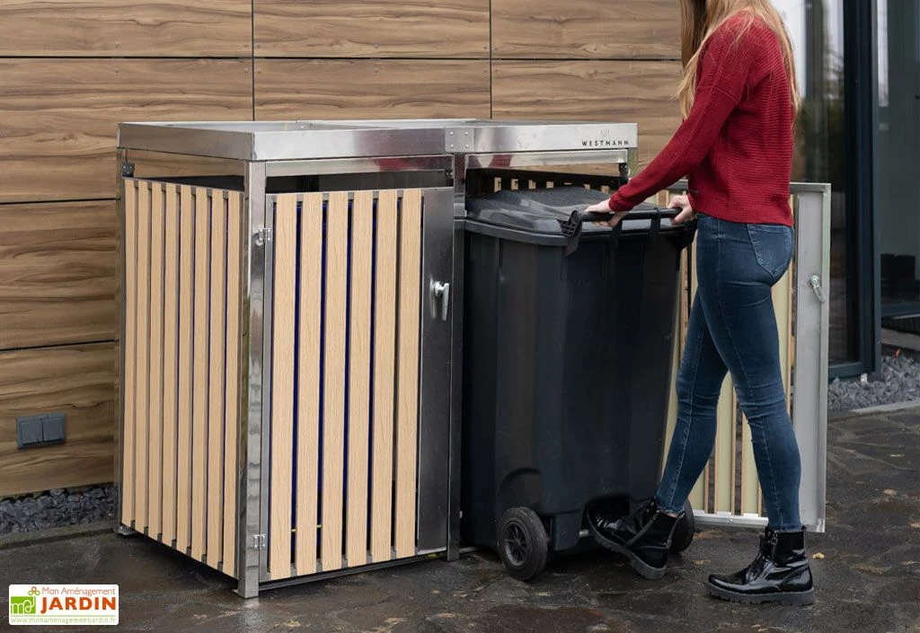 Cache poubelle extérieur double inox imitation bois – 2x 240 litres