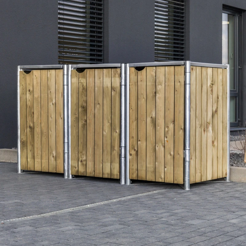 Cache-poubelle 3 compartiments Müllbox en bois traité naturel 3x140L – HIDE
