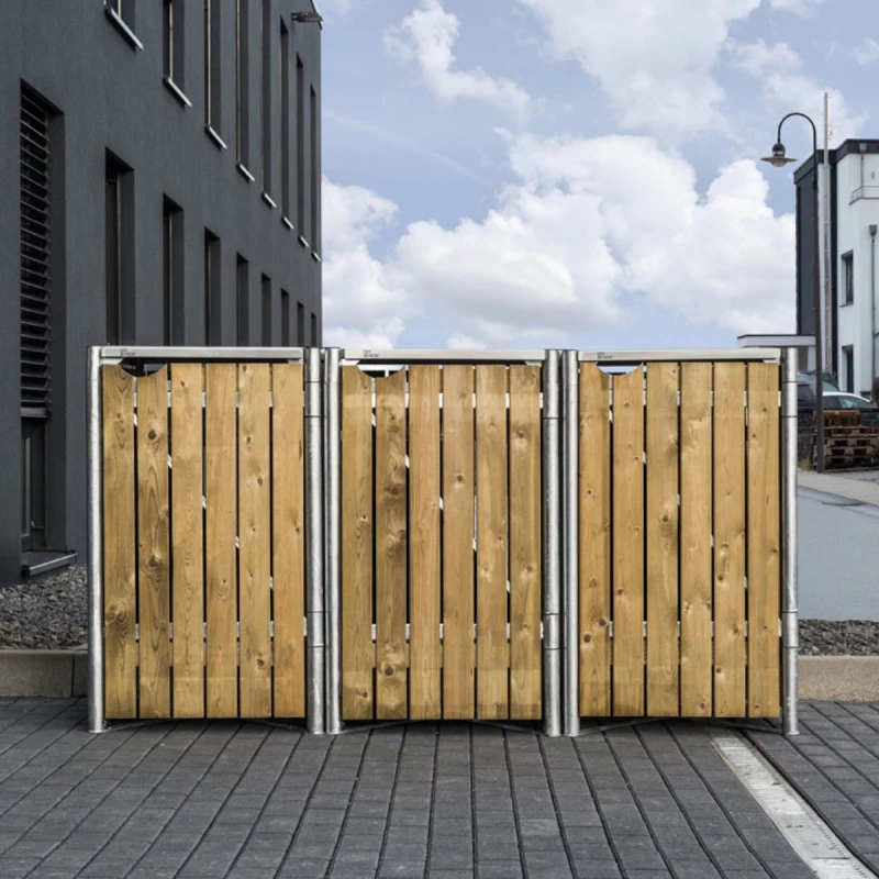 Cache-poubelle 3 compartiments Müllbox en bois traité naturel 3x140L – HIDE