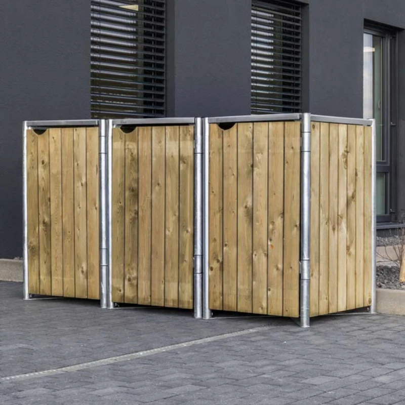 Cache-poubelle 3 compartiments Müllbox en bois traité naturel 3x240L – HIDE