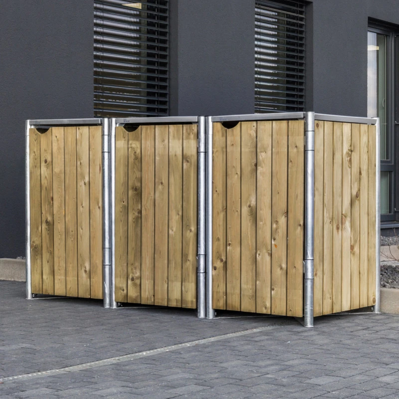 Cache-poubelle 3 compartiments Müllbox en bois traité naturel 3x240L – HIDE