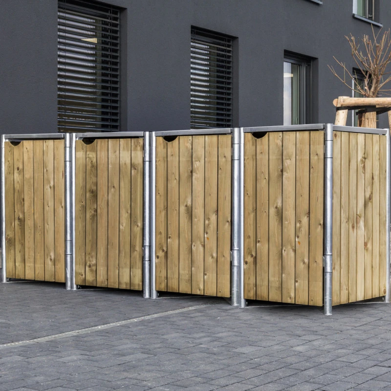 Cache-poubelle 4 compartiments Müllbox en bois traité naturel 4x140L – HIDE