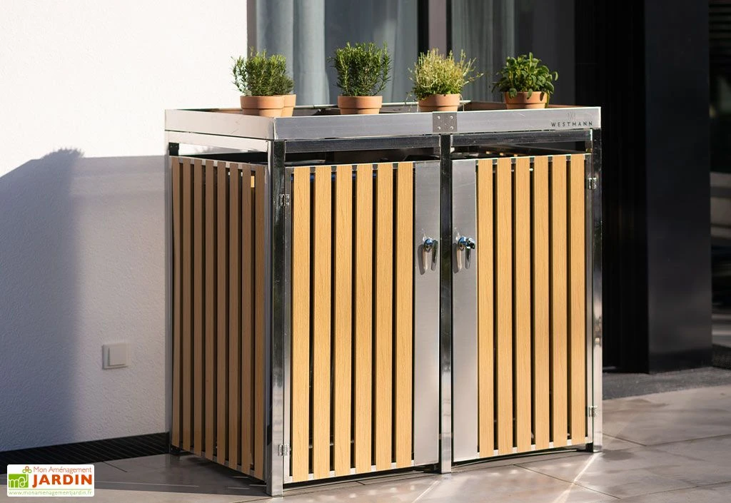 Cache poubelle extérieur double inox imitation bois – 2x 240 litres