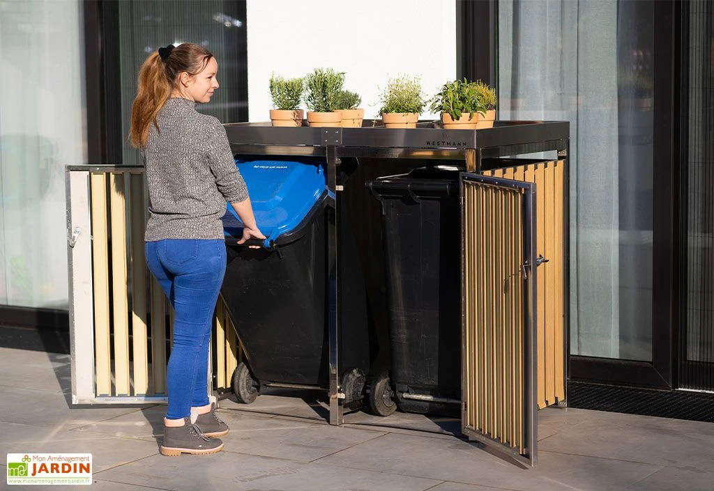 Cache poubelle extérieur double inox imitation bois – 2x 240 litres