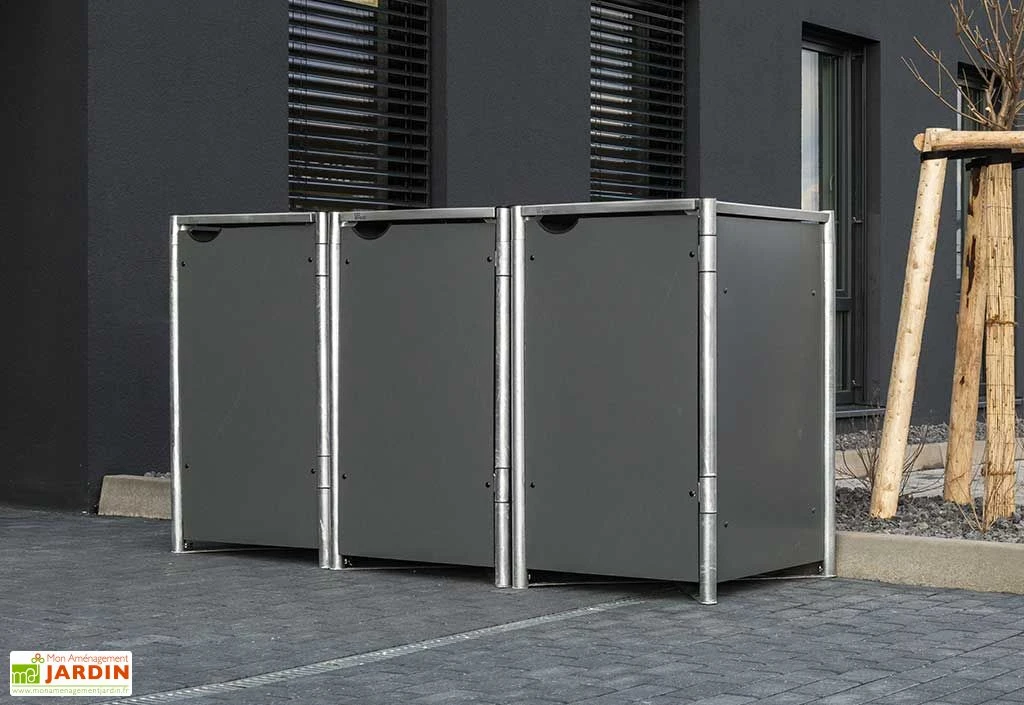 Cache-poubelle triple en acier et composite aluminium 209 x 80 x 115 cm