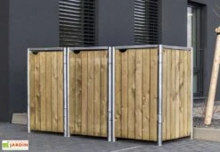 Cache-poubelle Triple En Acier Et Bois De Pin Traité 181 X 63 X 115 Cm
