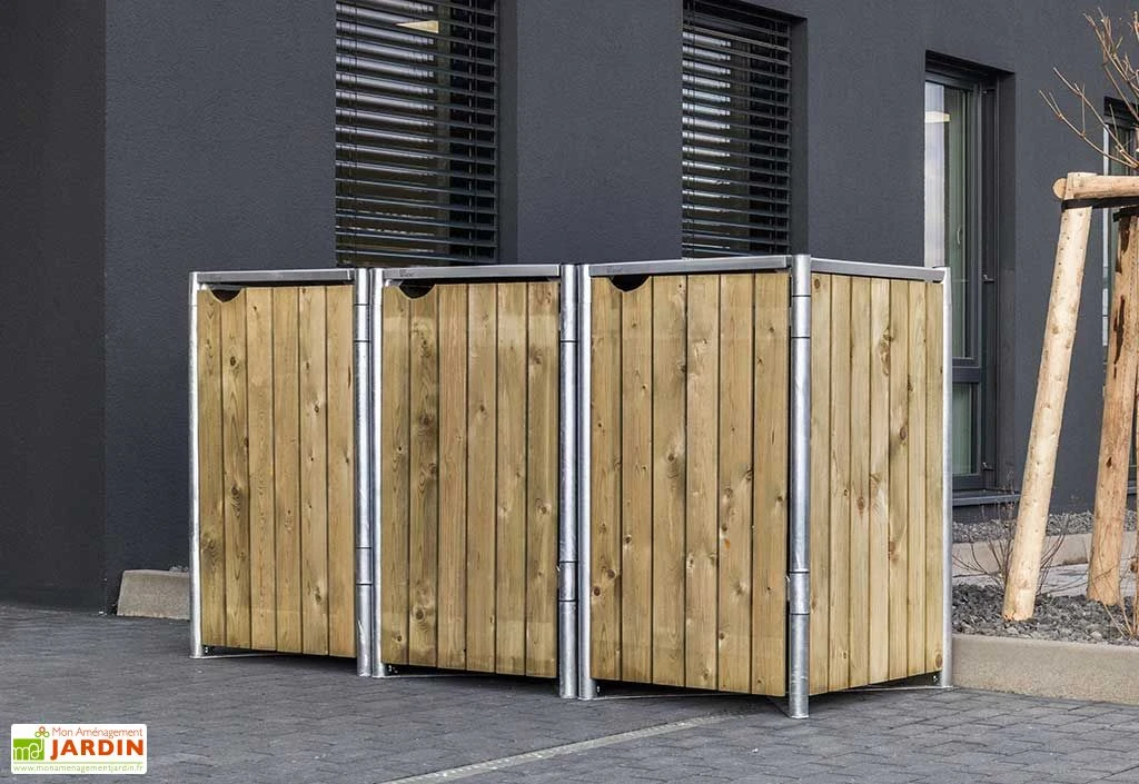Cache-poubelle triple en acier et bois de pin traité 209 x 80 x 115 cm