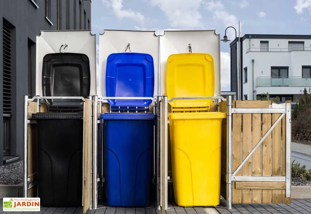 Cache-poubelle triple en acier et bois de pin traité 209 x 80 x 115 cm