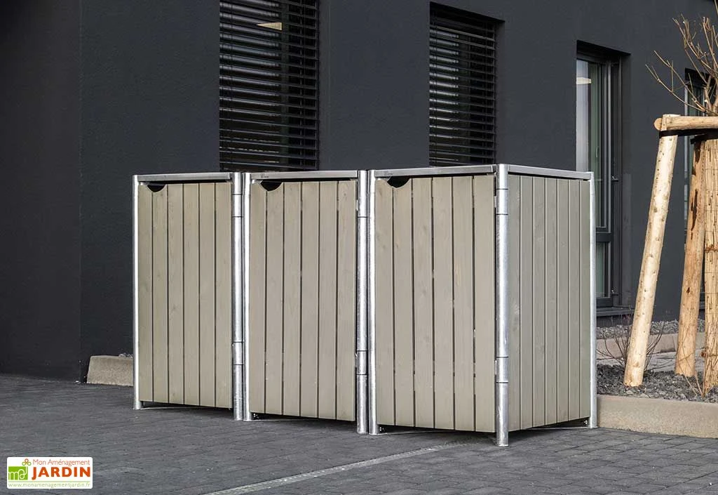Cache-poubelle triple en acier et bois de pin traité 209 x 80 x 115 cm