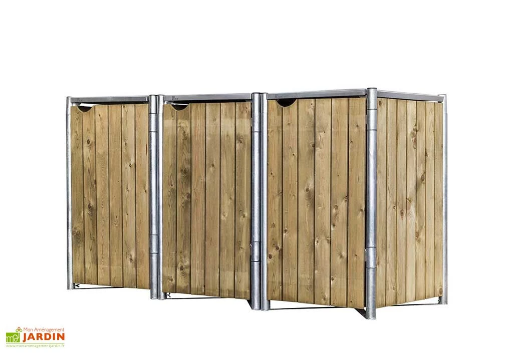 Cache-poubelle triple en acier et bois de pin traité 209 x 80 x 115 cm