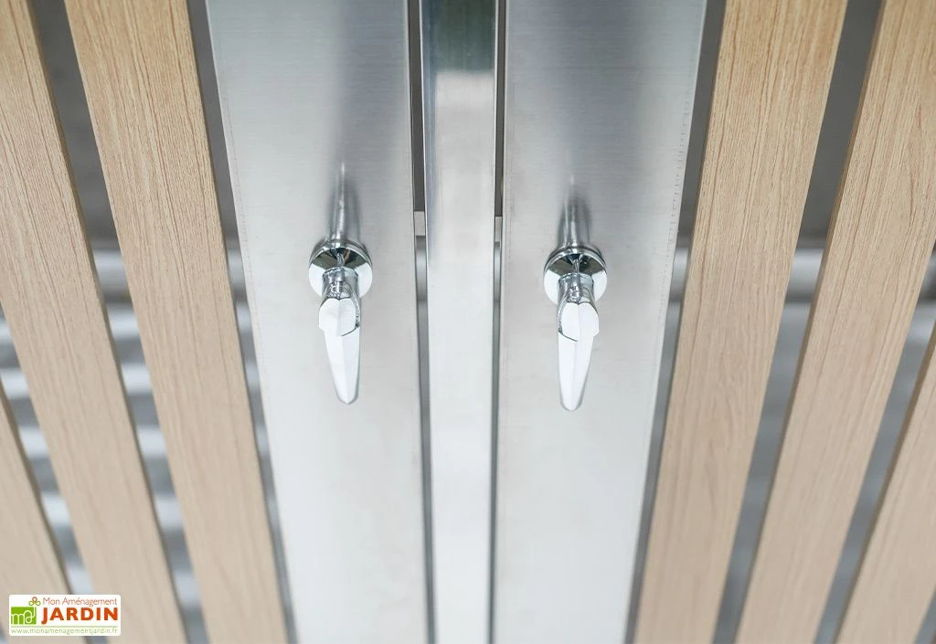 Cache poubelle extérieur double inox imitation bois – 2x 240 litres