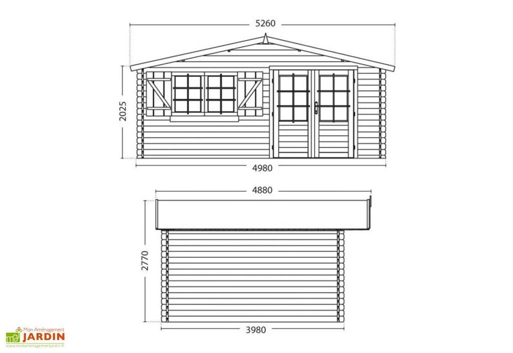Abri de jardin en bois d’épicéa brut avec auvent Lilac – 17,3 m²