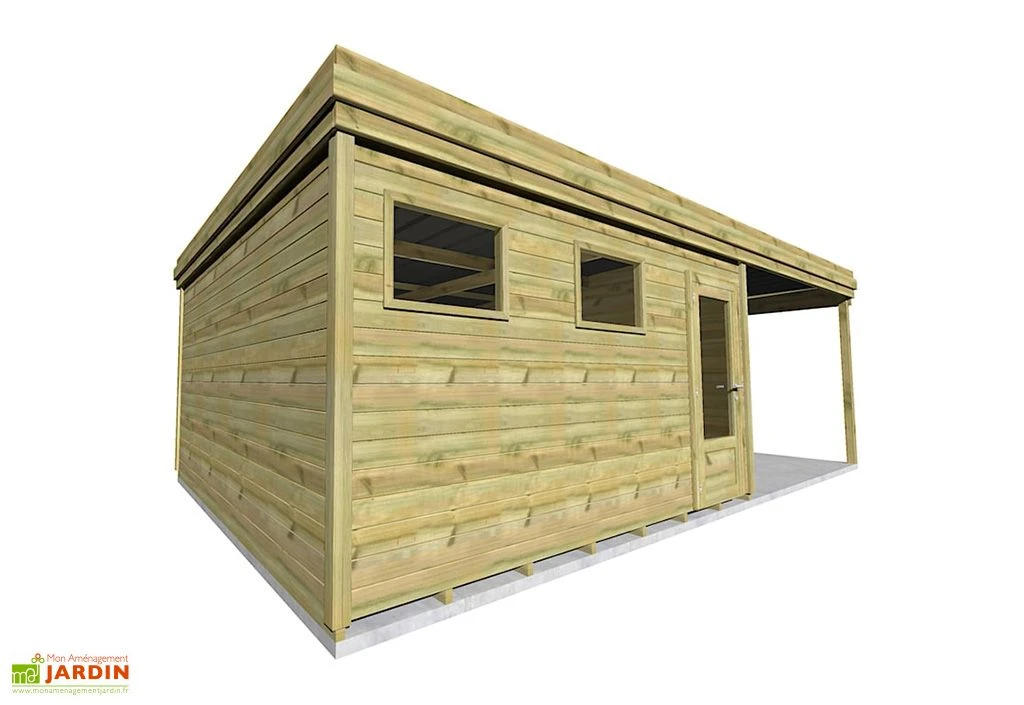 Abri de jardin en bois de pin traité avec auvent et plancher – 32,3 m²