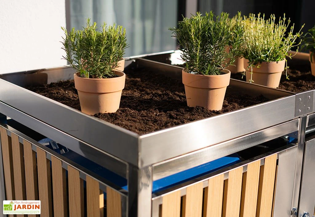 Cache poubelle extérieur double inox imitation bois – 2x 240 litres