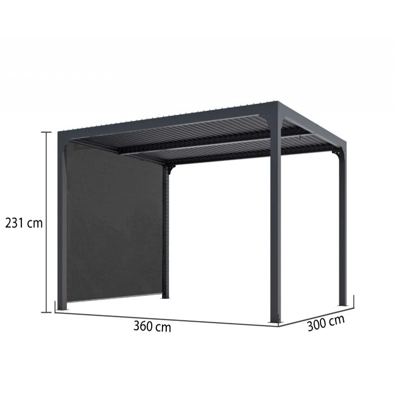 Pergola bioclimatique aluminium anthracite 10,80m² toit avec lames ovales aluminium + rideau gris pour côté 3m HABRITA