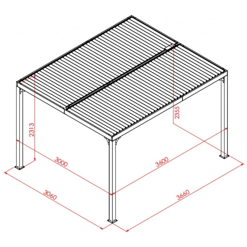 Pergola bioclimatique aluminium anthracite 10,80m² toit avec lames ovales aluminium + rideau gris pour côté 3m HABRITA