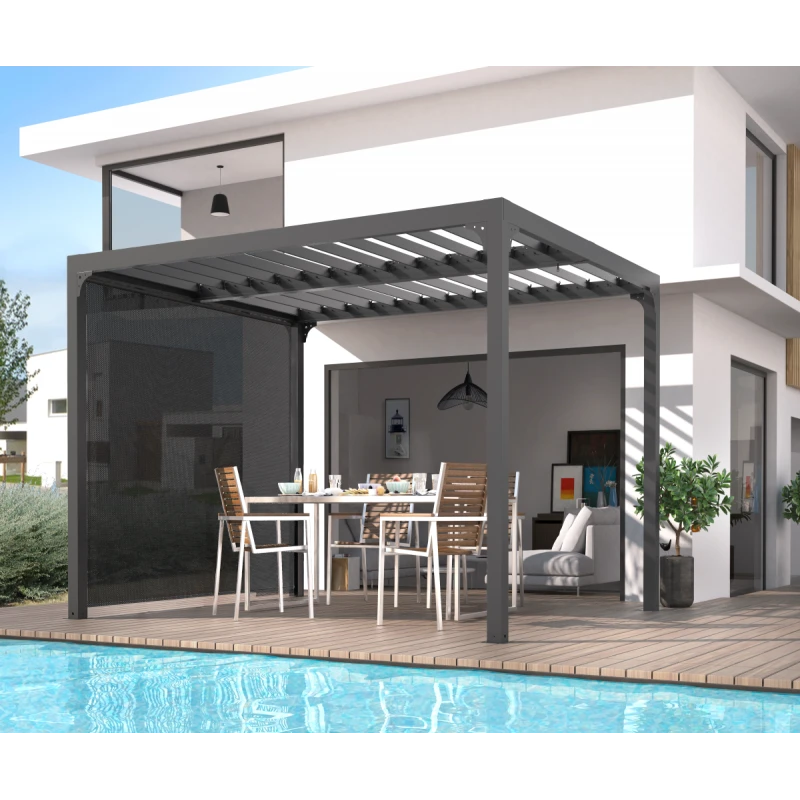 Pergola bioclimatique aluminium anthracite 10,80m² toit avec lames ovales aluminium + rideau gris pour côté 3m HABRITA