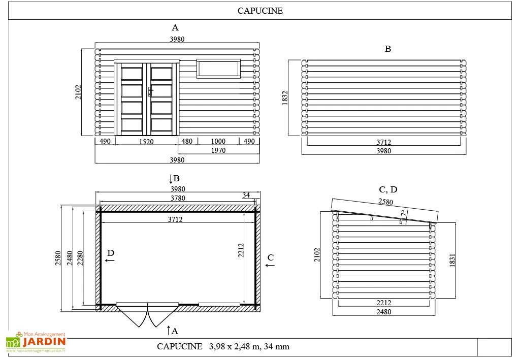 Abri de jardin en bois d’épicéa brut Capucine – 9,87 m²