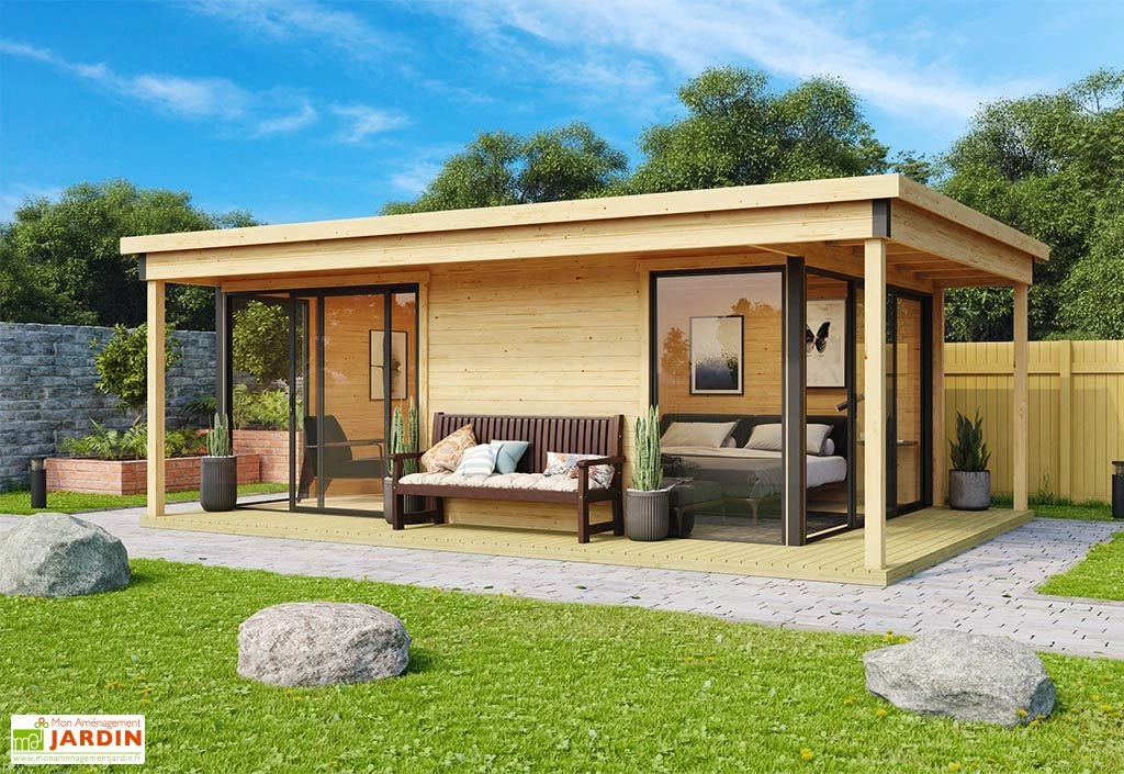 Studio de jardin en bois 23,7 m² ep. 44 mm – Doméo 3 V2 Plus + terrasse