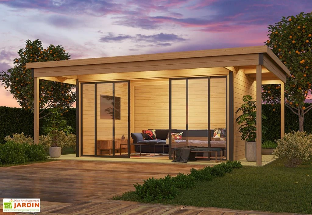 Studio de jardin en bois 23,2 m² ep. 44 mm – Doméo 4 V2 Plus + terrasse